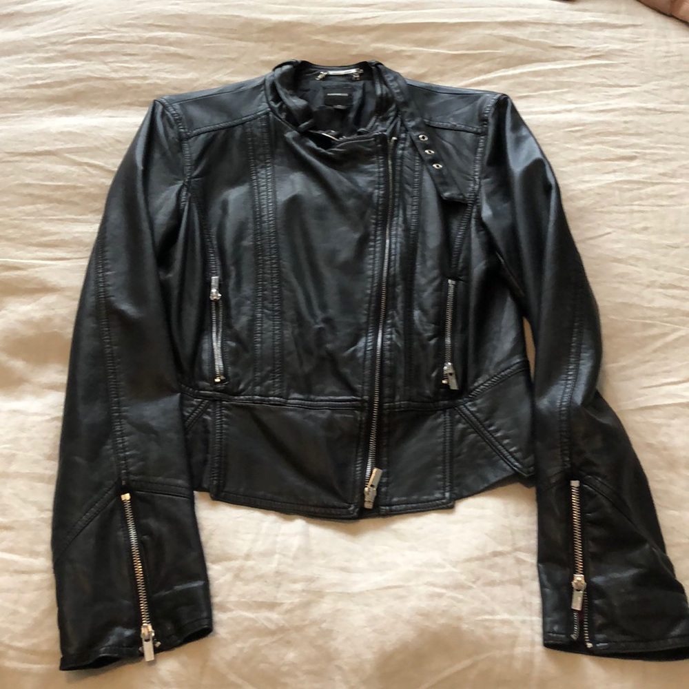 Black faux leather flared bomber jacket